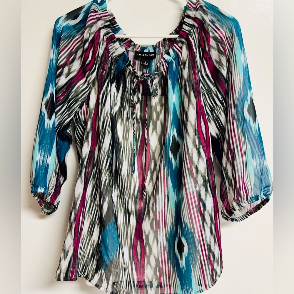 W Sz M - I.N. Studio Multi-Color Peasant Blouse